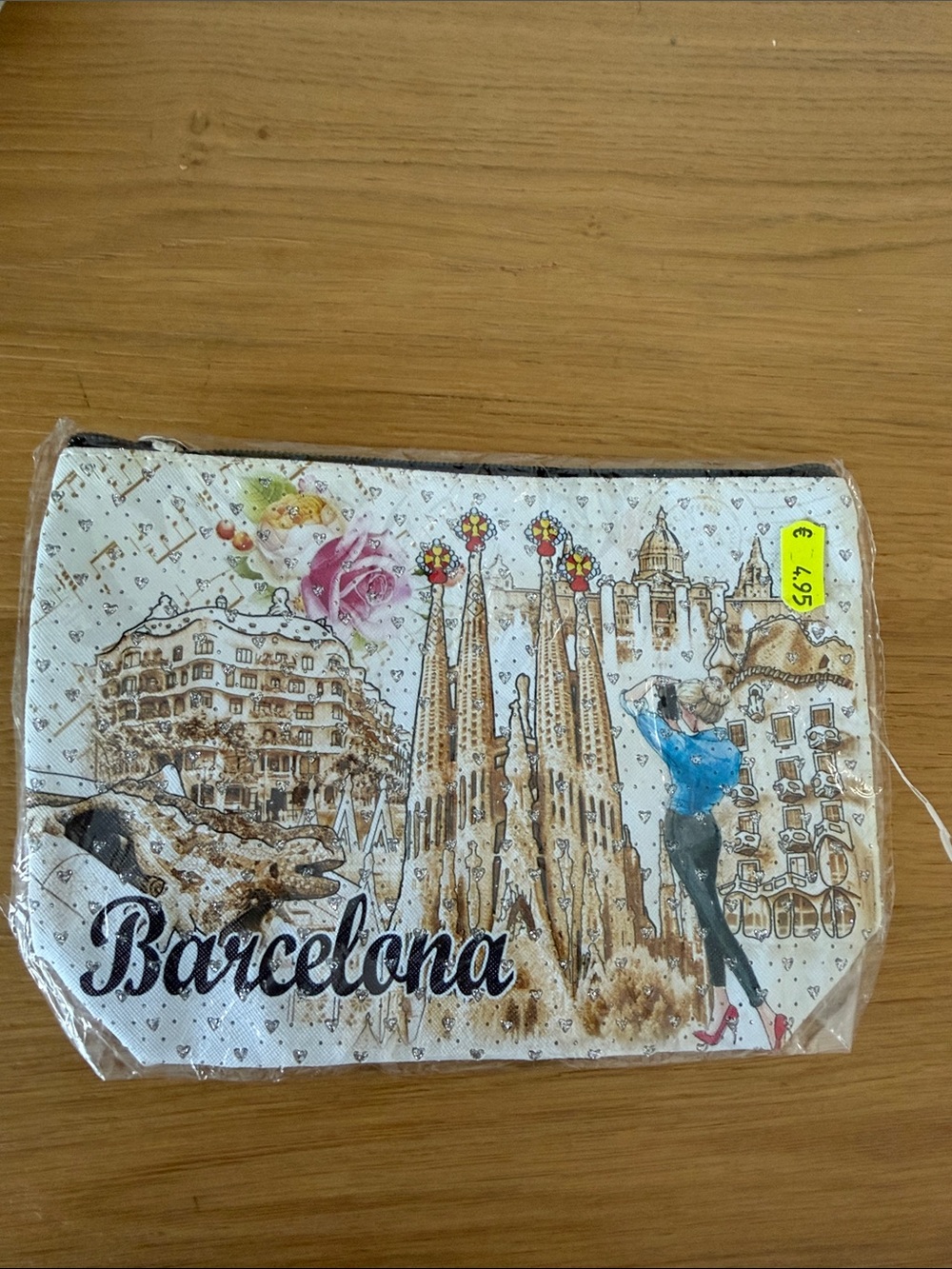 Barcelona Cosmetic Pouch in White and Brown with City Illustration